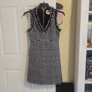 kate spade Sz4 Black and White Houndstooth Deep V Fringe-Trim Midi Dress zip up